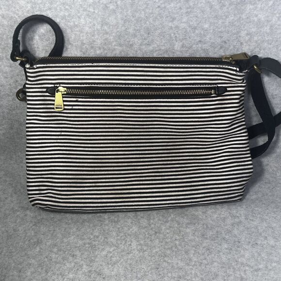 Fossil Crossbody Bag Womens Black White Stripe‎ Canvas Brown Leather Pocket Key - Picture 8 of 16